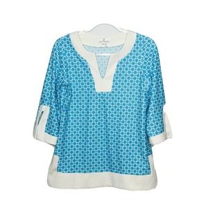 Jude Connally Teal Blue White Geometric Tunic M